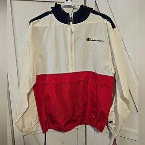 Champion Anorak packable hooded jacket lightweight red blue white S Small